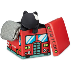 Cesta Portagiochi Cameretta Bambini, 32x48x32 cm Baule Pieghevole, Similpelle, 37 l Volume, Camion Pompieri - Relaxdays