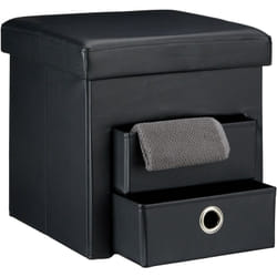 Pouf Contenitore Pieghevole, 38x38x38 cm, Scomparto Interno, 2 Cassetti Rimovibili, Cubo, Similpelle, Nero - Relaxdays