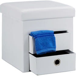 Pouf Contenitore Pieghevole, 38x38x38 cm, Scomparto Interno, 2 Cassetti Rimovibili, Cubo, Similpelle, Bianco - Relaxdays
