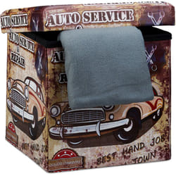 Sgabello Contenitore, 38x38x38 cm, Pouf Portaoggetti, Auto, Pelle Finta, Coperchio Imbottito, Multicolore - Relaxdays