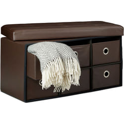 Relaxdays - Cassapanca Contenitore, con 6 Pouf in Similpelle, HxLxP 36 x 76 x 38 cm, Panca con Coperchio, Marrone