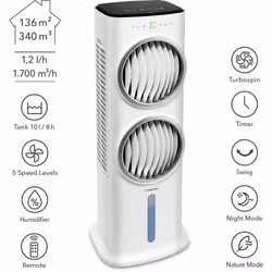 Doppio raffreddamento con tecnologia Turbospin per le calde giornate estive Il moderno Aircooler PAE 45 con telecomando a inf ...