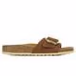 Scarpa Birkenstock Madrid unisex in nabuk marrone con fibbia regolabile, suola anatomica in sughero e lattice.
