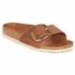 Scarpa Birkenstock Madrid unisex in nabuk marrone con fibbia regolabile, suola anatomica in sughero e lattice.