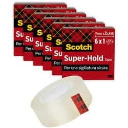 Nastro adesivo Super-Hold, 6 Rotoli, 19 mm x 25,4 m - 50% di Forza Adesiva in più Rispetto al Nastro Adesivo Crystal, Nastro Adesivo Trasparente,