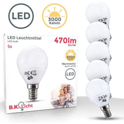 Lampadine led luce calda con attacco E14 (piccolo), 5W equivalenti a 40 w, 470 Lumen, set di 5, luce a sfera per plafoniere e lampade, per
