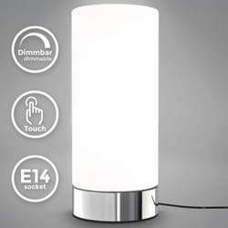 B.k.licht - Lampada da comodino, forma a sfera, interruttore touch, luce da tavolo, abat-jour dimmerabile, metallo cromato e vetro bianco, 25W,