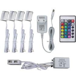 Set illuminazione LED per ripiani in vetro, 4 Clip LED RGB, Illuminazione vetrinette, incl. telecomando RGB con funzione di cambiamento del colore