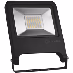 Faro LED LEDVANCE con potenza di 50W. Corpo in alluminio di colore nero con staffa e cavo di colore nero e copertura in vetro ...