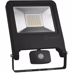 Faro LED LEDVANCE con sensore di movimento, potenza di 50W. Corpo in alluminio di colore nero con staffa e cavo di colore ner ...
