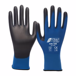 secondo la norma EN 388 · gatto. II · Materiale: nylon calibro 18 · rivestimento in PU blu e nero sulla mano interna e sulla ...