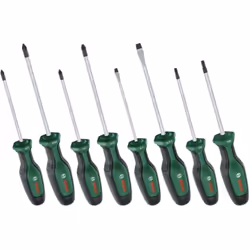 Set di cacciaviti da otto pezzi Il set comprende cacciaviti a taglio, a croce, torx e pozidriv. tipi: PH1 - PH2 - PZ1 - PZ2 - ...