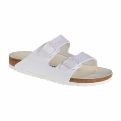 Sandali Birkenstock Arizona in pelle bianca, comodi ed eleganti per uso quotidiano.