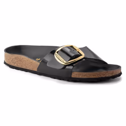 Sandali donna Birkenstock Madrid in pelle nera con fibbia regolabile e suola leggera in EVA.