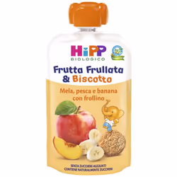 HiPP Frutta Frullata Mela, pesca e banana con frollino 90g, 90 g, Mela, Banana, Biscotto, Pesca, Senza glutine, 1 pz