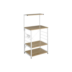 Woltu - Scaffale per Cucina in Acciaio Legno 4 Ripiani Ganci Carrello Microonde Rovere Chiaro+bianco