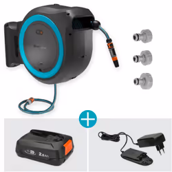 L’innovativo set avvolgitubo a parete PowerRoll XXL di GARDENA, pronto all’uso, alimentato a batteria e con tecnologia di ria ...