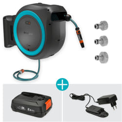Gardena - Avvolgitubo da parete a batteria PowerRoll xxl power for all set: tubo da 40 m, riavvolgimento automatico, batteria e caricatore inclusi