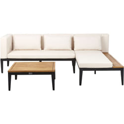 Set da giardino 3 posti in legno di acacia con divano angolare tavolino e cuscini beige chiaro lato sinistro Bracciano