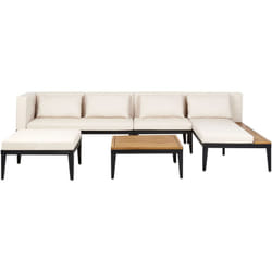 Set da giardino divano angolare 4 posti in legno di acacia con tavolino e pouf cuscini beige chiaro lato sinistra Bracciano