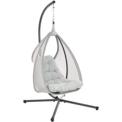 Sedia a dondolo sospesa boho moderna con struttura in metallo catena e cuscino morbido grigio chiaro Avegno