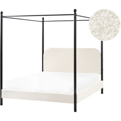 Letto a baldacchino retrò minimalista ue 140 x 200 cm Telaio in metallo nero Doghe in legno di pioppo Boucle Rivestimento bianco sporco Dannemois