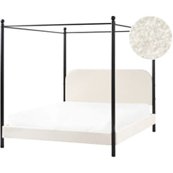 Letto a baldacchino retrò minimalista ue 160 x 200 cm Telaio in metallo nero Doghe in legno di pioppo Boucle Rivestimento bianco sporco Dannemois