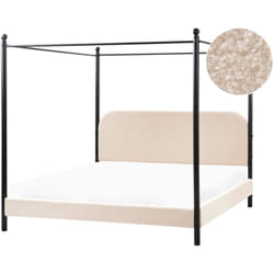 Letto a baldacchino retrò minimalista UE 180 x 200 cm Telaio in metallo nero Doghe in legno di pioppo Boucle Rivestimento beige Dannemois