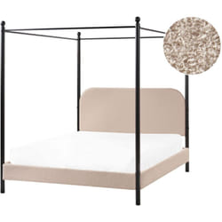 Letto a baldacchino retrò minimalista UE 140 x 200 cm Telaio in metallo nero Doghe in legno di pioppo Boucle Rivestimento tortora Dannemois