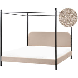 Letto a baldacchino retrò minimalista ue 180 x 200 cm Telaio in metallo nero Doghe in legno di pioppo Boucle Rivestimento tortora Dannemois