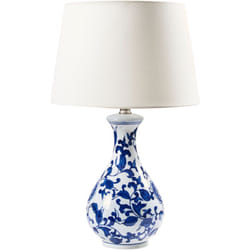Beliani - Elegante lampada da tavolo con base in porcellana Patten floreale paralume in lino illuminazione bianco e blu Carmen