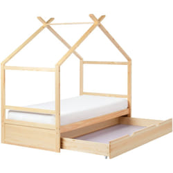 Letto a casetta per bambini in legno di pino ue misura singola 90 x 200 cm con rete a doghe e cassetto portaoggetti Chiaro Orgeval