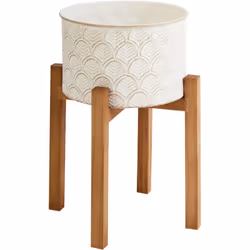 Fioriera da terra con gambe in legno. Aggiungi un tocco di fascino boho a qualsiasi spazio con questo elegante supporto per v ...