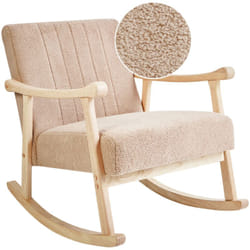 Poltrona a dondolo con rivestimento in bouclé beige gambe in legno di gomma e braccioli Leknes