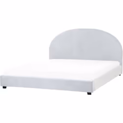 Letto minimalista con testiera semicircolare. Le forme curve e i tessuti ricchi di texture sono caratteristiche ideali per ar ...