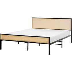 Letto matrimoniale imbottito in tessuto nero con rete a doghe e gambe in legno 160 x 200 cm Fitou