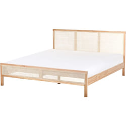 Letto matrimoniale moderno 180 x 200 cm a doghe con testiera a treccia viennese in legno di pino marrone chiaro Salernas