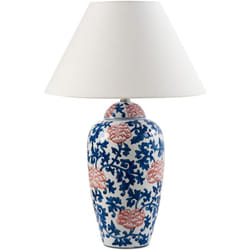 Beliani - Elegante lampada da tavolo con base in porcellana Patten floreale Paralume a campana in lino Illuminazione bianco e blu Verusa