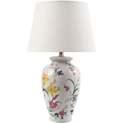 Lampada da tavolo elegante con base in porcellana Patten floreale Paralume in lino a tamburo Illuminazione bianco Acrosso