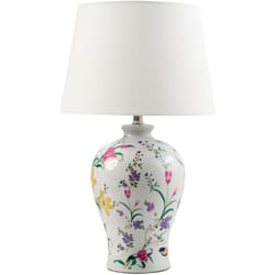Beliani - Lampada da tavolo elegante con base in porcellana Patten floreale Paralume in lino a tamburo Illuminazione Febros Bianco