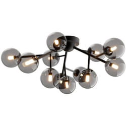 Plafoniera Contemporanea Dallas Metallo Nero 12 Luci Diffusori Vetro Nero Specchiato
