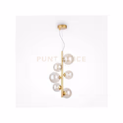 Sospensione Dallas con struttura in metallo colore ottone composto da 6 luci, dotato di diffusori in vetro soffiato di colore ...
