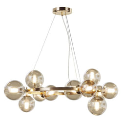 Lampadario Contemporaneo Dallas Metallo Oro 11 Luci Diffusori Vetro Cognac