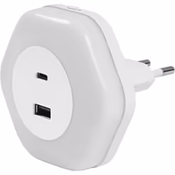 Steckdosen-Nachtlicht mit USB A- und C-Anschluss und Tageslichtsensor. Produkteigenschaften: USB A- und C-Anschluss mit Ladef ...