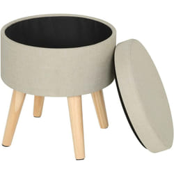 Pouf Contenitore Sgabello Basso Sedia Rotonda Poggiapiedi Gambe Legno Beige - Woltu