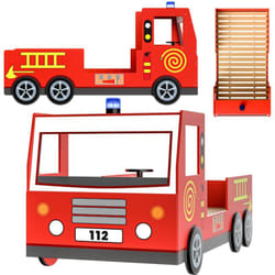 Letto per bambini lettino design Vigili del fuoco stile pompieri 200x90 cm legno con rete a doghe ruote 3D sirena e manubrio