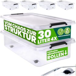 Deuba - Scatola in plastica Contenitore con Coperchio Impilabile Trasparente Ruote Chiusura a Scatto Salvaspazio Senza bpa 60L/30L 4x 30L (de)