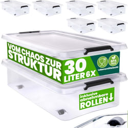 Deuba - Scatola in plastica Contenitore con Coperchio Impilabile Trasparente Ruote Chiusura a Scatto Salvaspazio Senza bpa 60L/30L 6x 30L (de)