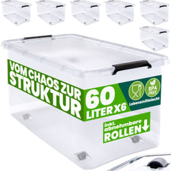Deuba - Scatola in plastica Contenitore con Coperchio Impilabile Trasparente Ruote Chiusura a Scatto Salvaspazio Senza bpa 60L/30L 6x 60L (de)