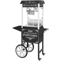 Royal Catering - Macchina Per Popcorn Nera In Ferro e Vetro Temperato Con Carretto e Accessori